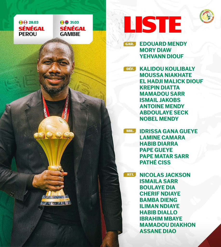 Sénégal : La'liste de Thiaw face au Pérou et à la Gambie