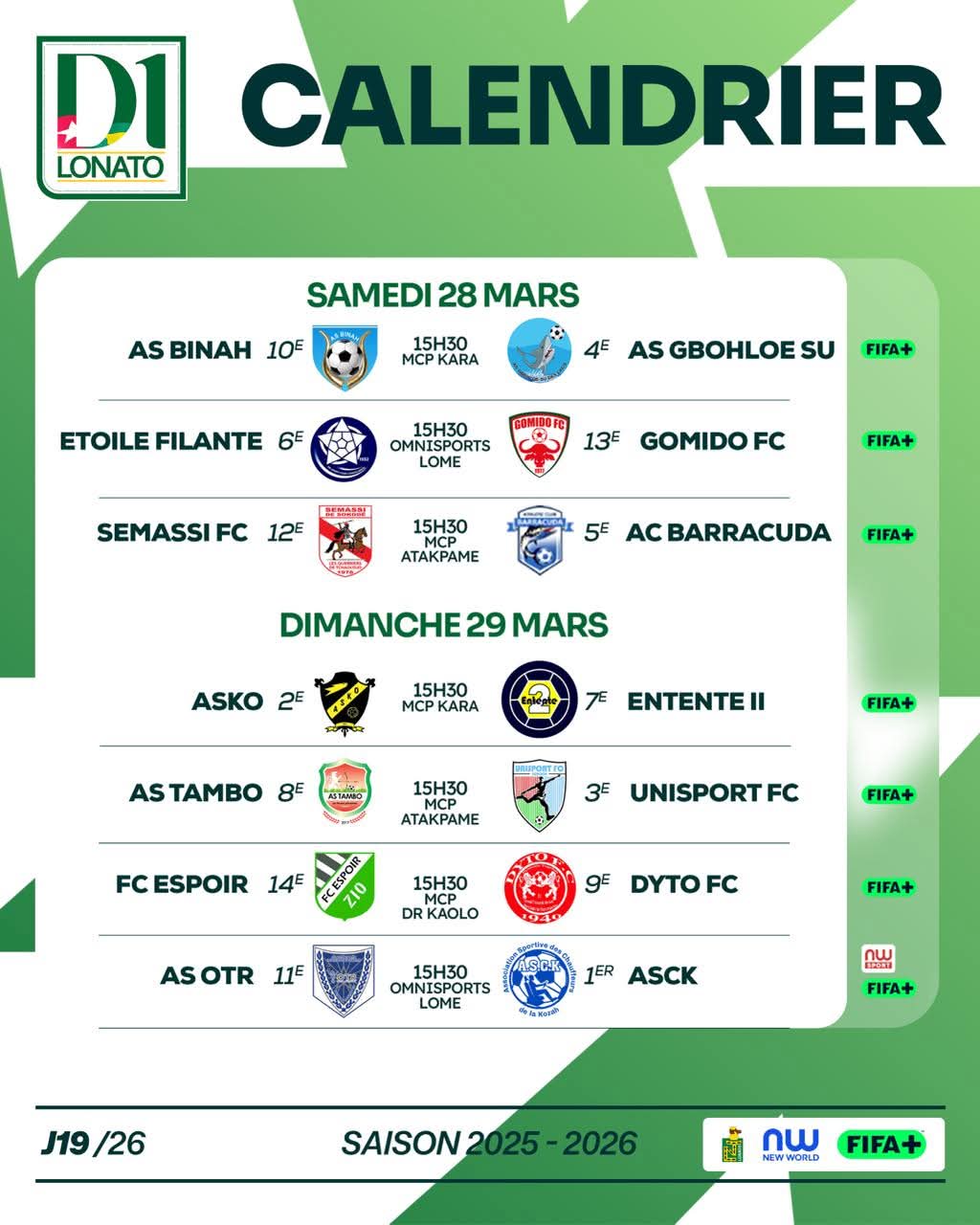 D1 Lonato le programme de la 19e journée